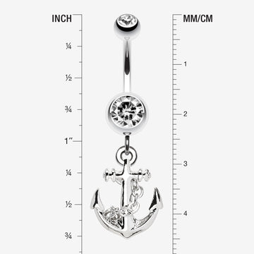 Detail View 1 of Classic Anchor Dangle Belly Ring-Clear Gem